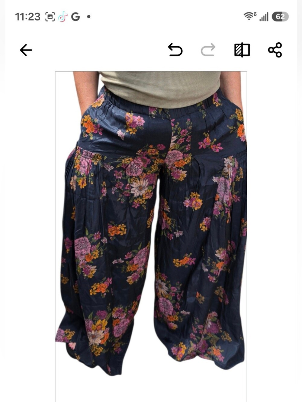 Floral Wide-Leg Maxi Pants - Navy with Pink Floral. Can Fit A S/M. Model Is 5'2 - Picture 14 of 16
